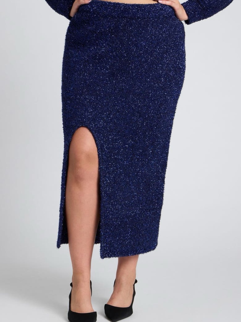 Eloquii Sparkle Navy Midi Skirt with Front Slit